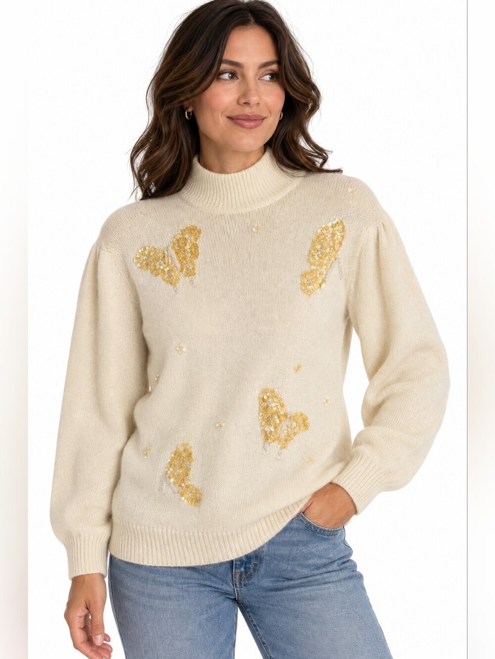 Vintage 80s Amanda Smith Silk Angora Sequin Butterfly Sweater S